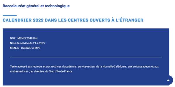 Calendrier des épreuves du baccalauréat dans les centres ouverts à l'étranger